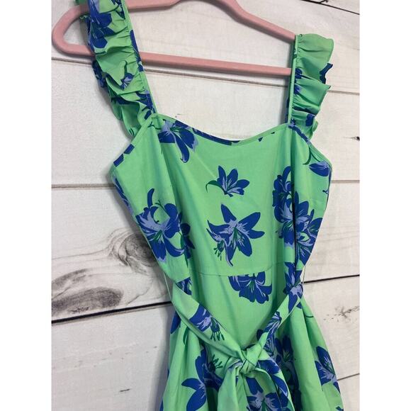 Likely Charlotte Mini Dress Size 6 Blue Green Floral Ruffle Tie Waist Flowy - Picture 7 of 7